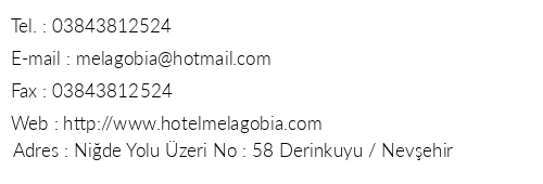 Hotel Melagobia telefon numaralar, faks, e-mail, posta adresi ve iletiim bilgileri